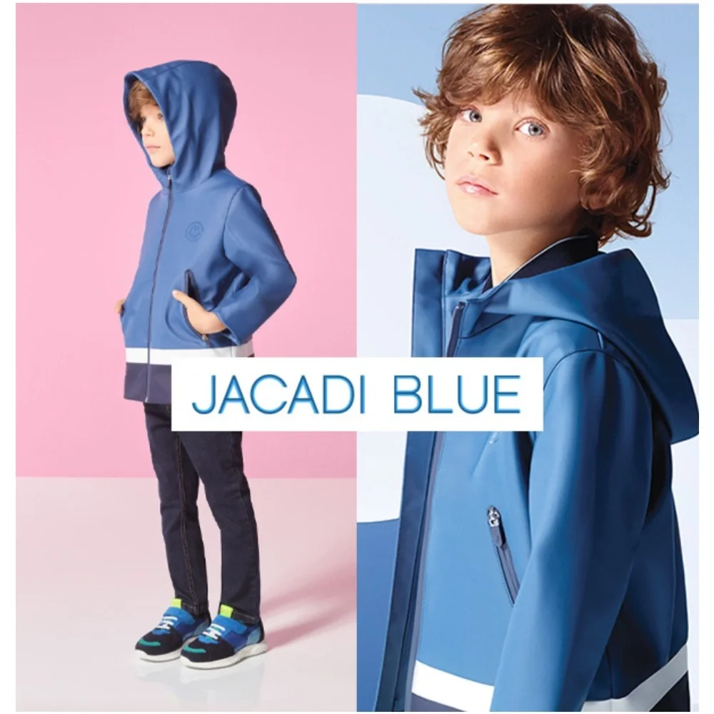 Kids Blue Hooded Rain Jacket with Reflective Trim